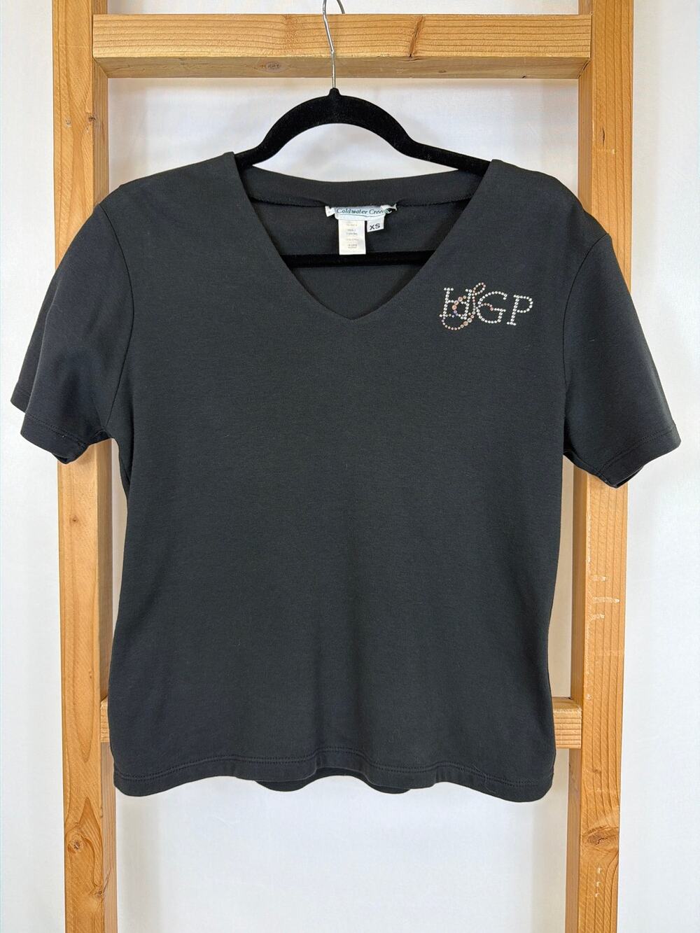 Coldwater Creek Black Gemstone Embellished V-Neck T-Shirt XS